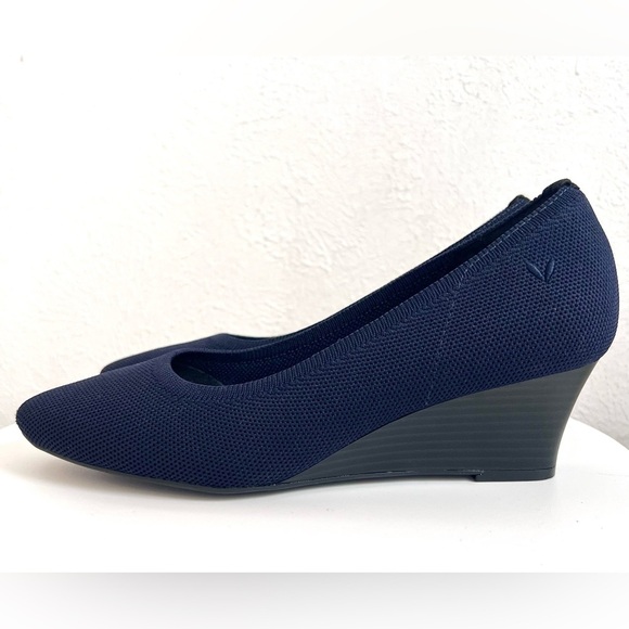 Vivaia Shoes - Vivaia Tamia Pro Wedge Almond Toe Heeled Shoes in Navy Blue Wedgie Eco Friendly